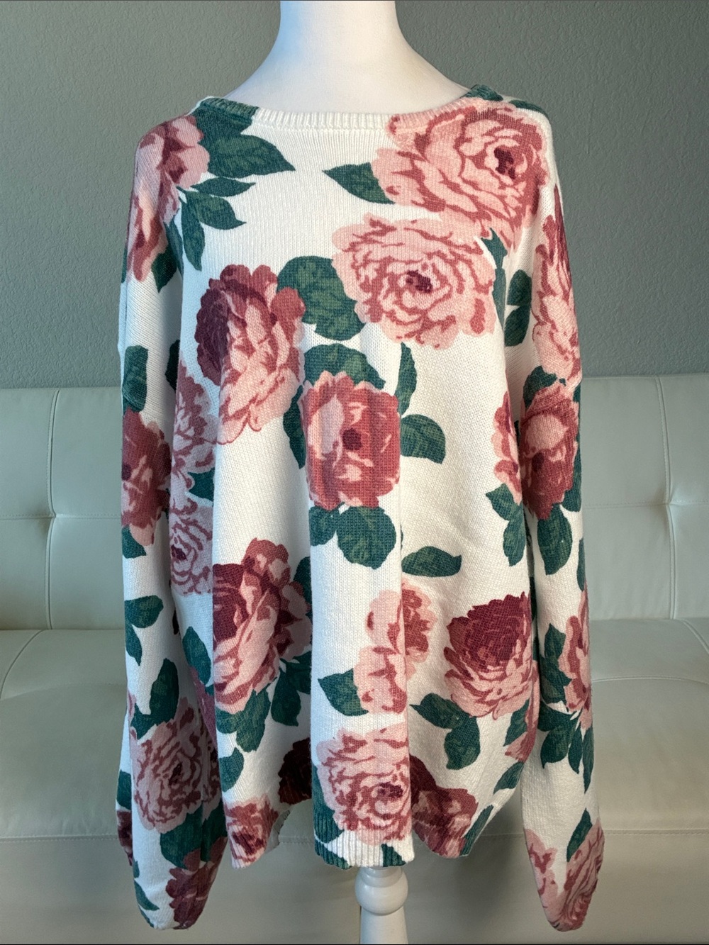 Penelope Rose Floral Crewneck Pullover Sweater in Cream with Pink Rose Motif